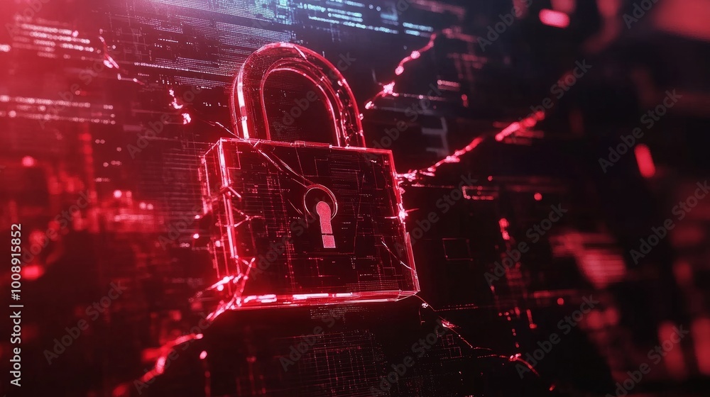 Poster red broken padlock representing a cyber attack, digital screen showing warning signs. system hacked,