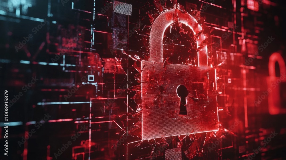 Poster red broken padlock representing a cyber attack, digital screen showing warning signs. system hacked,