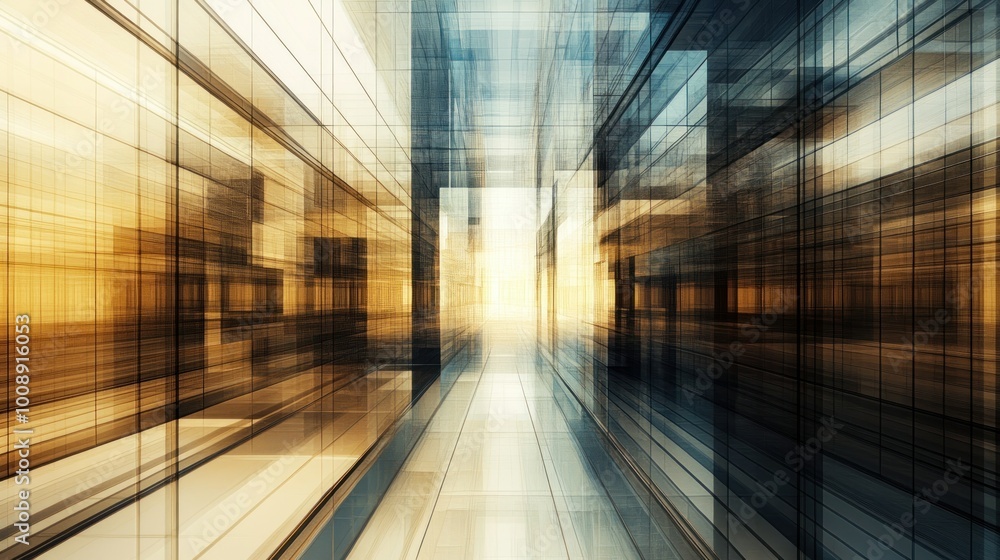 Poster abstract perspective of a glass building with light at the end of a corridor