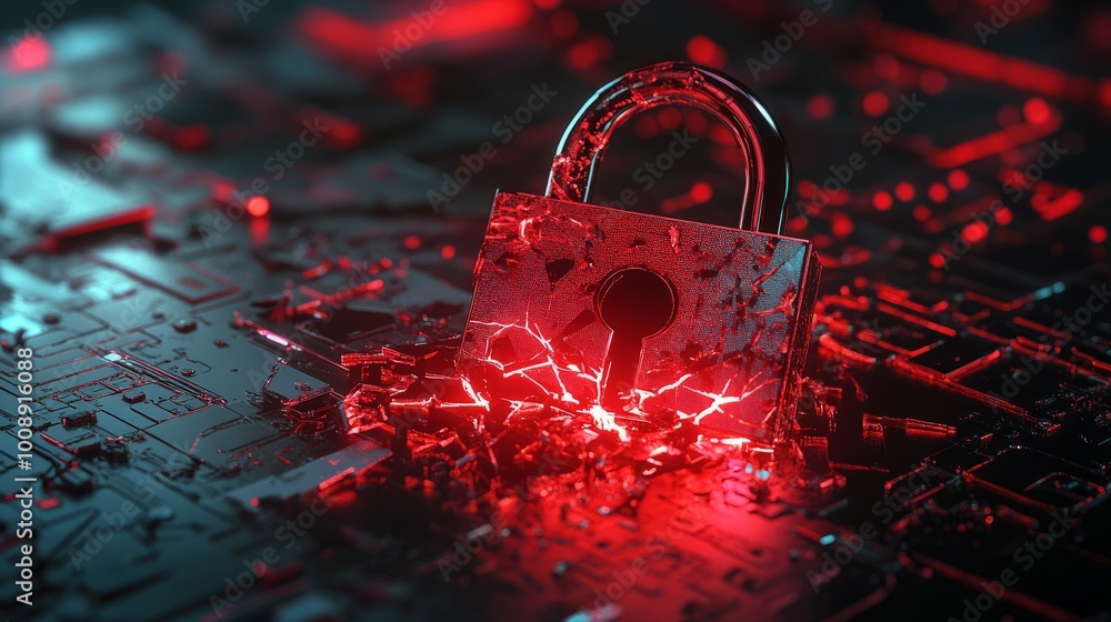  red broken padlock symbolizing a hacker attack, digital interface in background with warning signs. 