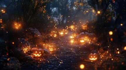 Naklejka premium A spooky forest path illuminated by glowing pumpkins and ghostly figures.