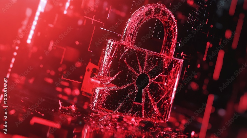 Poster red broken padlock symbolizing a hacker attack, digital interface in background with warning signs. 