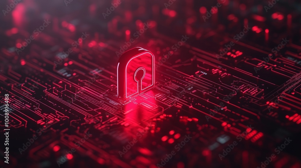 Poster security breach alert, red broken padlock on digital interface. cybersecurity threat, system hacked,