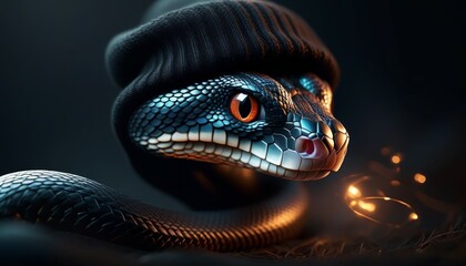 Fototapeta premium a beautiful snake in a black cap on a mystical mysterious background