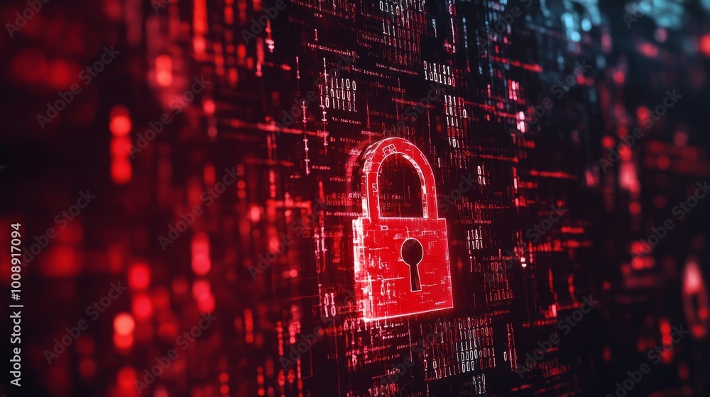 Poster system hacked alert, red broken padlock with digital codes in the background. cybersecurity breach c