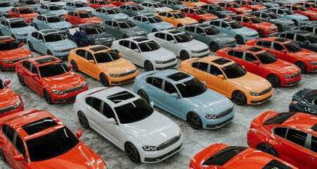 A large car parking lot filled with numerous colorful sedan vehicles, reflecting the current global...