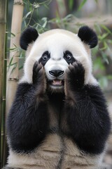Obraz premium A surprised panda with its paws on its face, surrounded by bamboo.