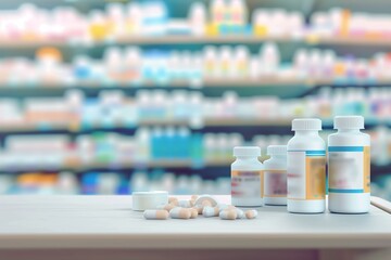 Fototapeta premium Pharmacist in modern chemist shop with blurred background. Medicine concept featuring white-coated person at work with bottles and containers. Health care and pharmaceutical services.