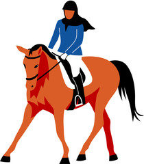 Person riding horse. Equestrian sport. Horsewoman with hijab riding horse. Professional equestrian competition, dressage performance. Jockey on horse. Champion. Horse riding. Equestrian sport.