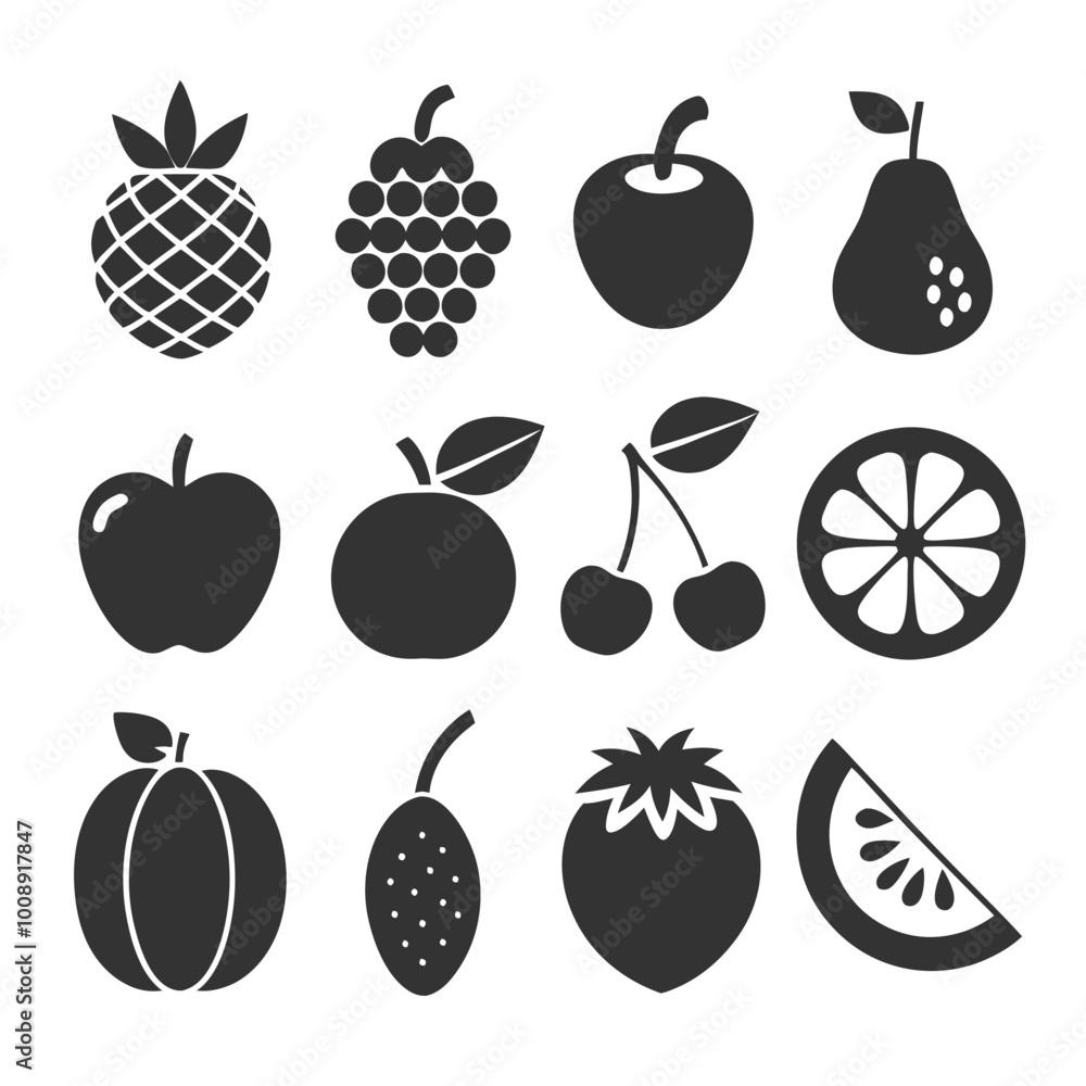 Poster silhouette fruit vector icons set with bold shapes and smooth edges for modern design projects. silh