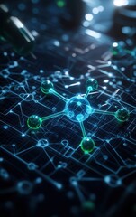 Obraz premium Abstract molecular structure on digital circuit, blue and green glowing design