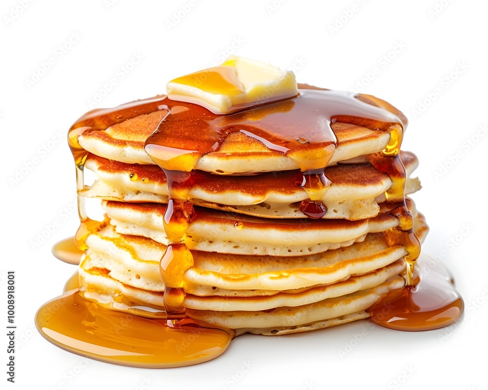 Poster fluffy pancake stack drizzled with maple syrup and melting butter on white background