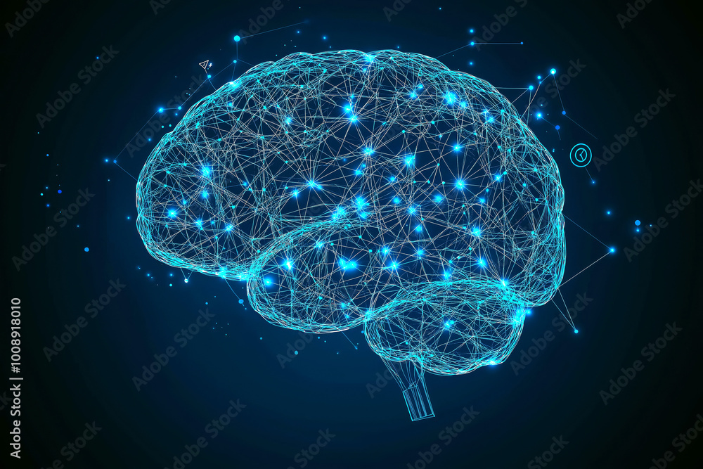 Poster abstract human brain with network connections and encryption symbols, depicted in a minimalist style