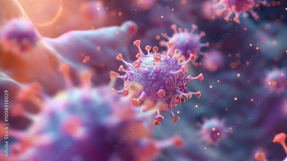 Poster close-up illustration of virus cells in 3d. microscopic view of viral particle. molecular structure 