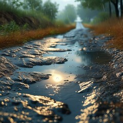 Fototapeta premium an earthen road trench is a groove with puddles of water left after rain and