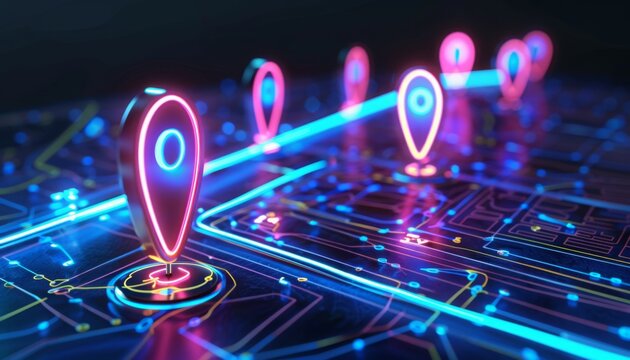 Advanced Navigation and Location Technology Concept, blue location marker icons floating above a futuristic digital map grid, Smart Road Infrastructure Monitoring, GPS technology, geolocation.
