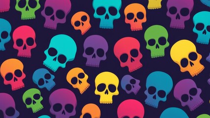 black background with multicolored skulls in different sizes, abstract halloween background, mexican day of the dead