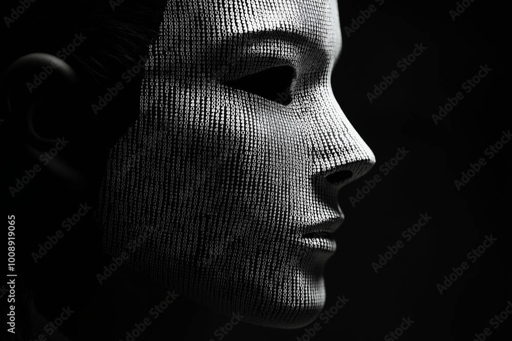 Poster face in a mask with binary code, minimalist style.