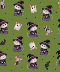 Autumn and Halloween pattern: Adorable Pumpkin, Fox, Cat, Mouse, Witch, and Candy, Perfect for Fall Celebrations, Halloween Decor, Fun and Festive Designs for Crafts Scrapbooking, fabric print