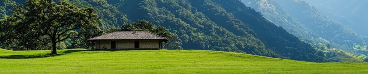 Naklejka premium A peaceful landscape featuring a solitary house nestled in lush green grass, surrounded by majestic mountains and trees under a clear blue sky.