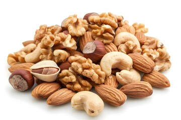Assortment of Mixed Nuts on White Background with Detailed Textures
