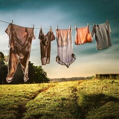 Dirty clothes hanging on a clothesline with clothespins