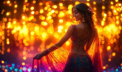 Abstract background Diwali festival of India. line art, add girl wear Indian suit dancing