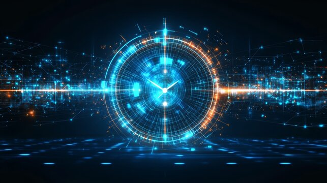 Abstract Technology Background, Futuristic Blue Clock, Network Data Flow Connection Technology