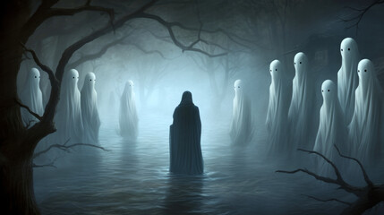 Halloween scene with a dark ghostly figure walking through a river in a foggy forest  being watched by white ghosts