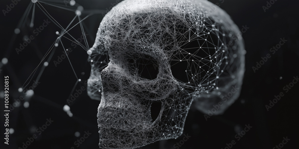 Poster minimalist skull with a lock, where the bones are made of network wires and codes.