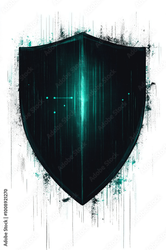 Poster shield icon with glitch effects, representing cybersecurity vulnerabilities.