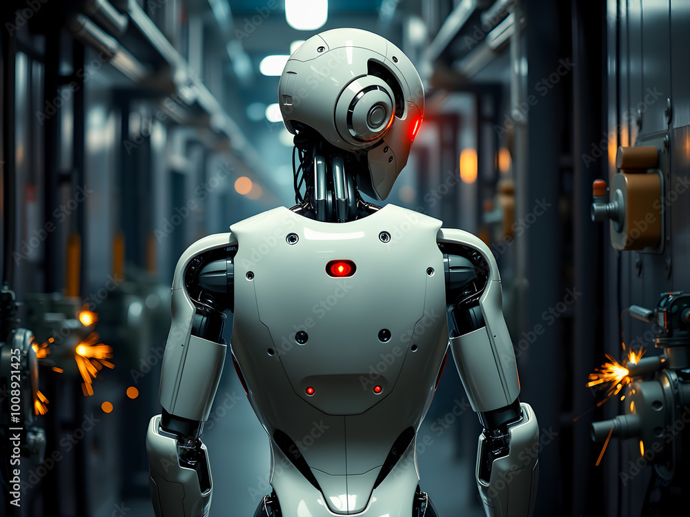 Aufkleber humanoid robot with sparkler in hand on humanoid robot with sparkler in hand on industrial backgroun