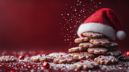 A pile of gingerbread cookies with Santa's red cap on top. Aesthetic Christmas theme with pastel red backdrop and copy space.