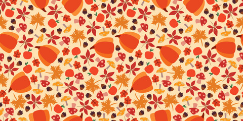 Autumn theme pattern background. Leaf fall pattern background. Autumn seamless pattern. Colorful autumn illustration pattern background.