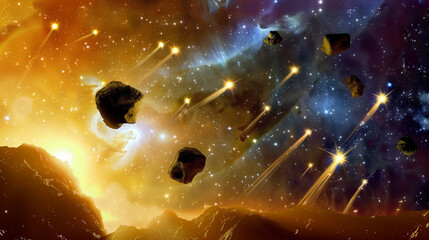 Celestial Chaos: Yellow Sky Illuminated by Meteor Shower, A Dynamic Cosmic Event