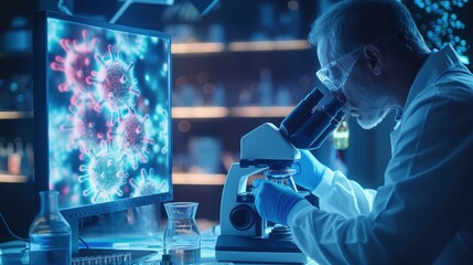 Scientist examines bacteria under microscope with holographic display. Mobile phone nearby. Lab equipment, molecular structures visible in background. Research on antibiotic resistance, disease