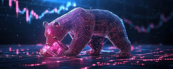 A digital bear symbolizes market trends, showcasing technology's impact on finance with vibrant colors and data visualizations.