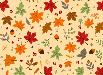 Fototapeta premium Autumn Leaves and Acorns Pattern - Fall Season Nature Illustration