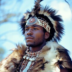 Zulu warrior in traditional dress in Khula Zulu Village in the near of Santa Lucia in South Africa