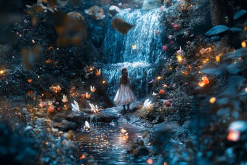 Obraz premium A serene waterfall scene with a girl in a flowing dress. Enchanted forest setting with glowing flowers and magical ambiance. Perfect for fantasy themes. Generative AI
