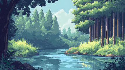 Forest landscape with river in Pixelart style, 8 bit art