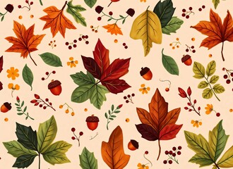 Autumn Leaves and Acorns Pattern - Fall Season Nature Illustration