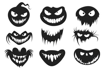 Pumpkins Silhouette Collection Set: Vector Illustrations of Spooky Black Horror Pumpkins for Halloween Graphics.
