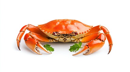 A vibrant orange crab with green garnishes, perfect for seafood dishes or culinary presentations.