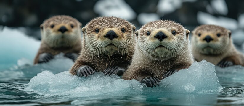 Four sea otters huddle together on ice floes in blue water, thei