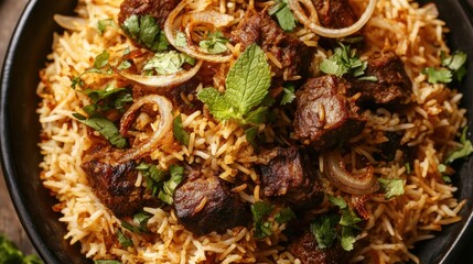 A close-up top view of spicy Indian mutton biryani, with chunks of mutton on fragrant rice, garnished with fried onions, mint, and fresh herbs, evoking the traditional flavors of India.