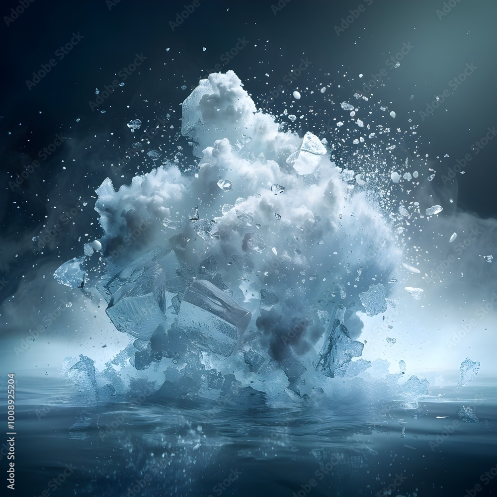 Poster frozen ice bomb detonating with shards and frost expanding against dark cold background
