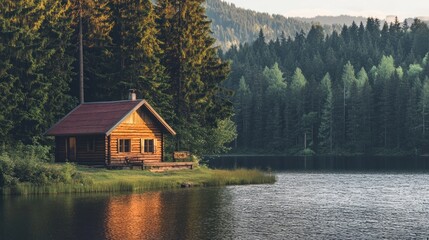 A rustic wooden cabin sits on the edge of a tranquil lake, nestled amidst a lush forest.