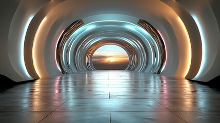 Obraz premium Abstract scifi corridor with shifting, luminous patterns and vibrant lights, 3D illustration