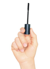 Obraz premium Woman hand holds cosmetic mascara brush, isolated on transparent background, cosmetics and visage concept